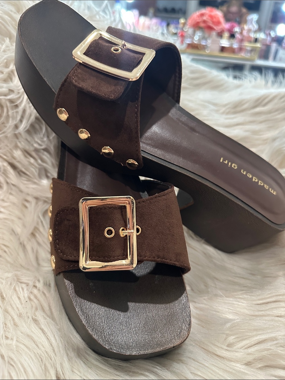 Madden Girl Brown Suede Platform Slide Sandals with Gold Buckle